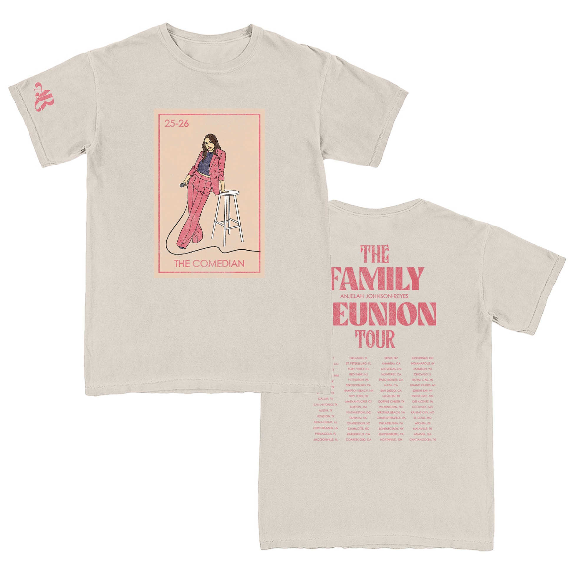 White crew neck t-shirt with a graphic print of a person and text 'THE FAMILY EUNION TOUR' along with tour dates.