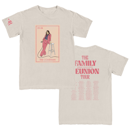 White crew neck t-shirt with a graphic print of a person and text 'THE FAMILY EUNION TOUR' along with tour dates.