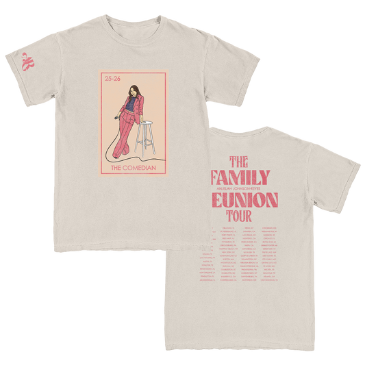 White crew neck t-shirt with a graphic print of a person and text 'THE FAMILY EUNION TOUR' along with tour dates.