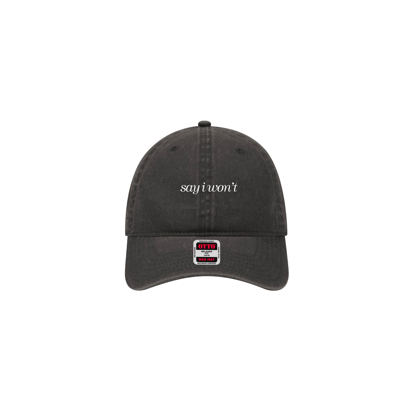 A gray embroidered baseball cap with the text 'say I won't' on the front and a red and white logo.