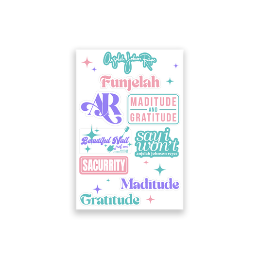 Anjelah Johnson-Reyes Sticker Sheet with 8 stickers of iconic Anjelah sayings